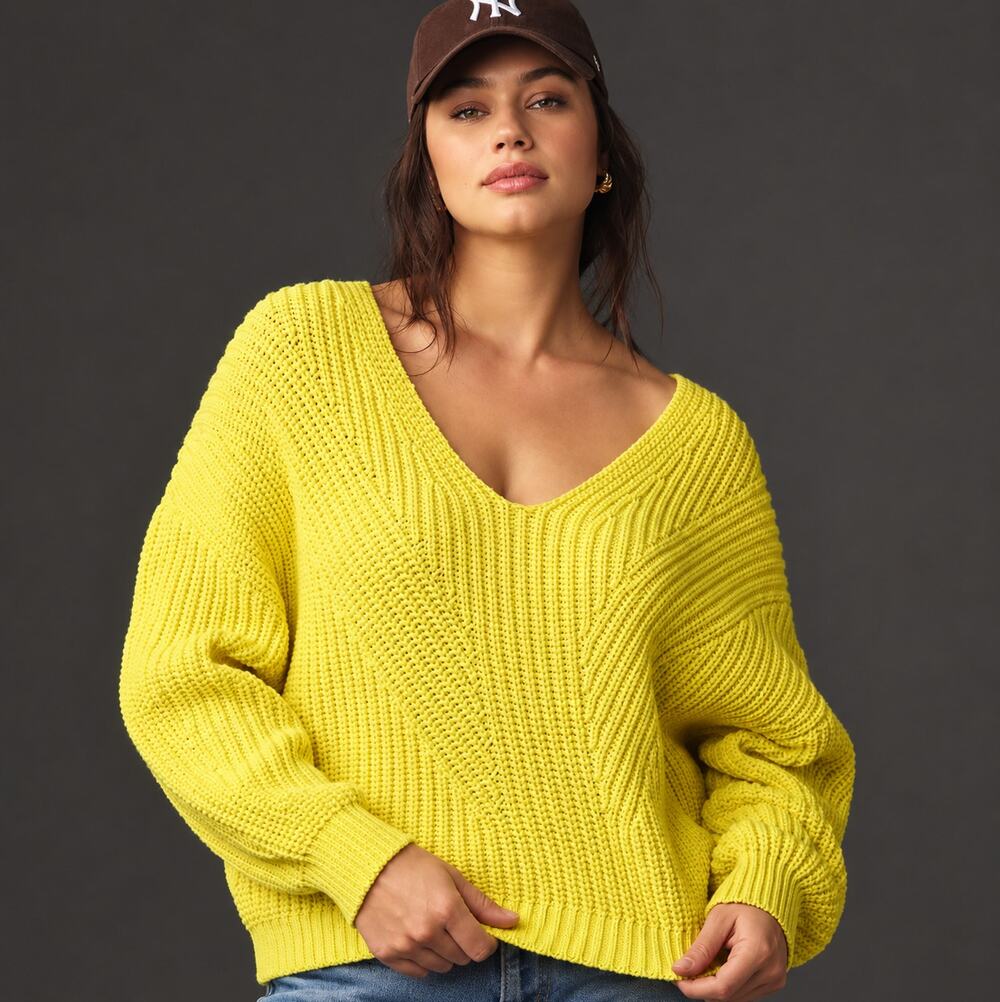 ANTHROPOLOGIE x MAEVE V-Neck Sculptured Pullover Sweater Yellow Sz XXS $118 {G3}